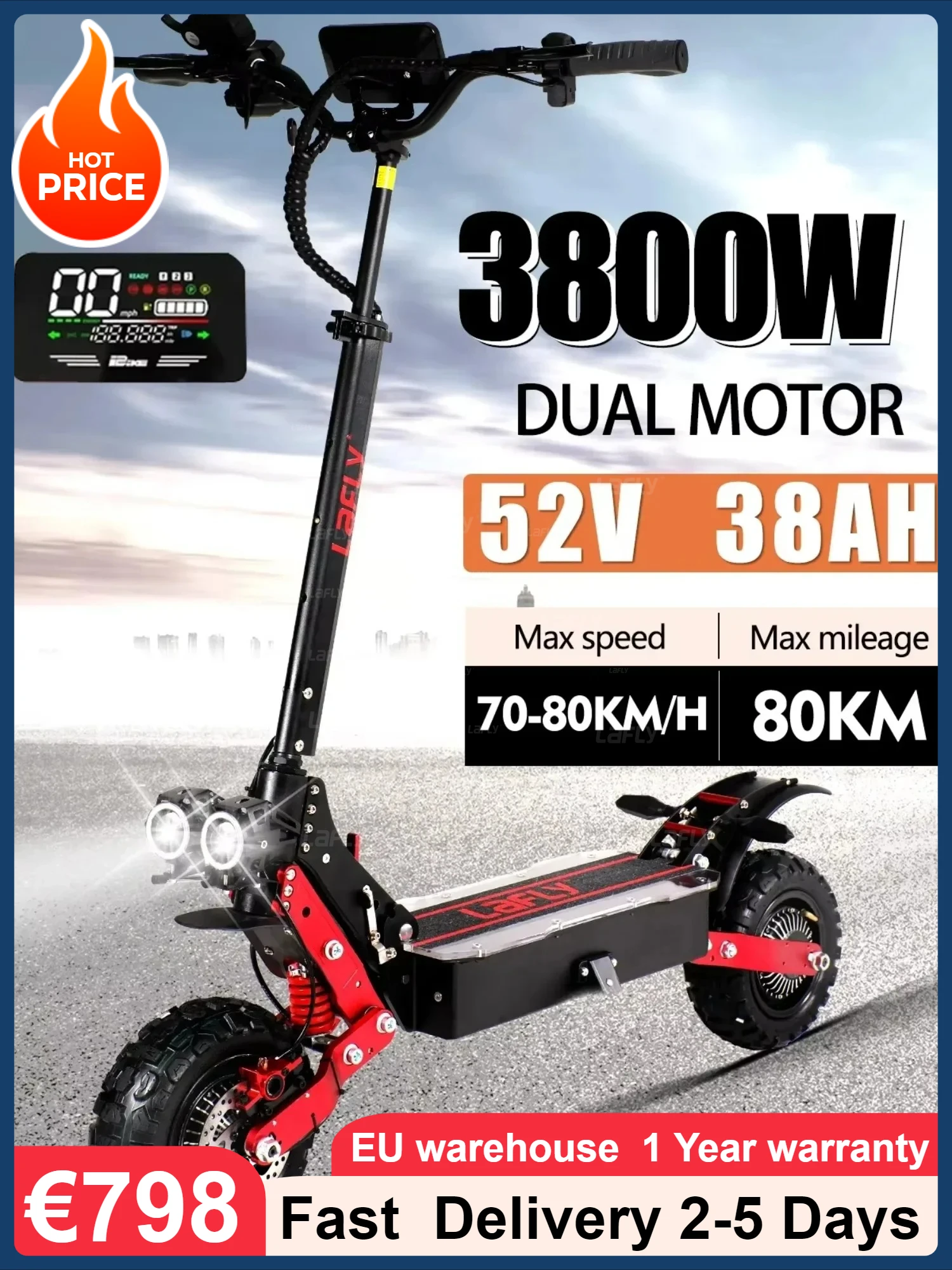 UE 2025 nuevo RS Venta caliente 3800W 52V 38AH Scooter eléctrico doble Motor velocidad máxima de 80KMH rango máximo de 60-70KM Scooter eléctrico plegable