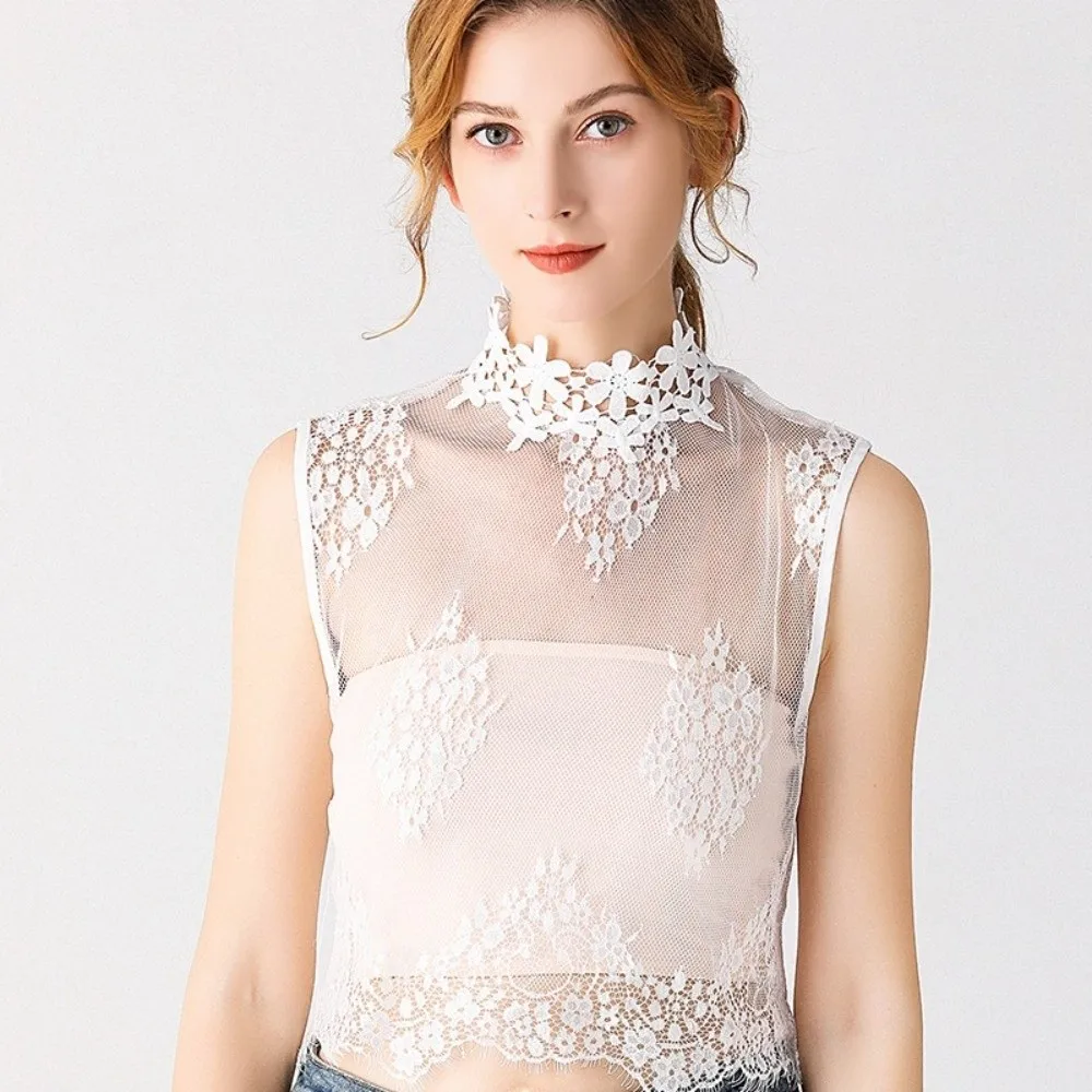 White Lace Trim False Collar Top Flower Stand Collar Ruffled False Blouse Hollow Out Detachable Lapel Removable Collar Women