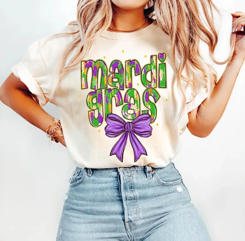 Glitter Mardi Gras Shirts Vintage letter printing top 100% Cotton Carnival Gifts Womens Valentines day Shirt top