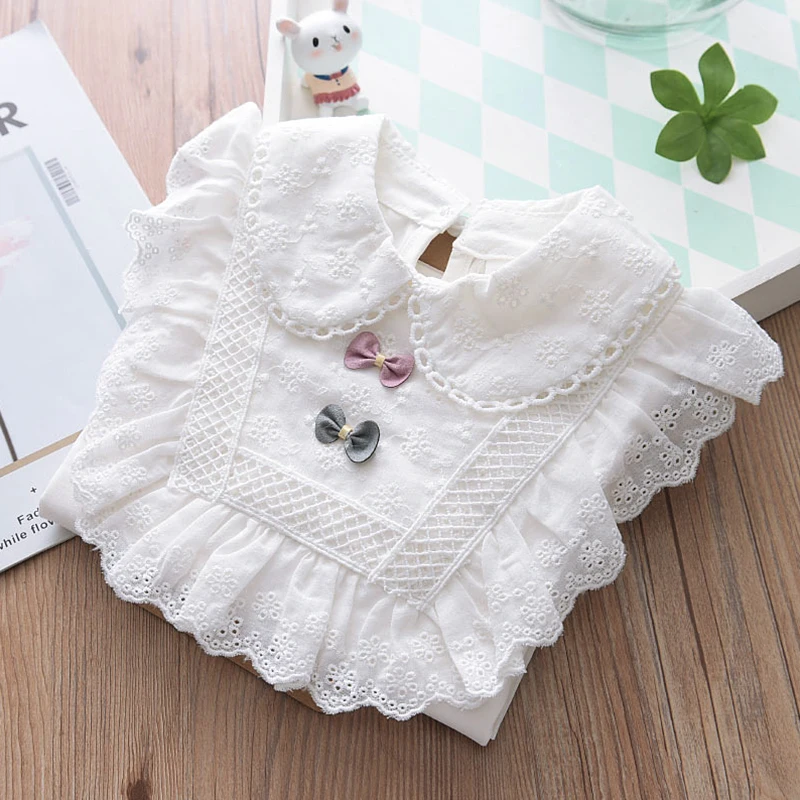 Cotton Girls White Bottom Shirt Children's Stand-Up Collar Large Lace Elastic Long Sleeve Shirt