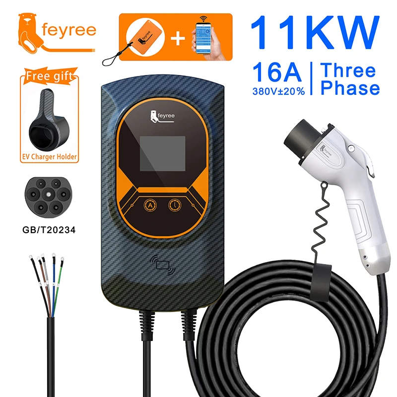 Feyree EV Carregador GB/T Soquete EVSE Wallbox 32A 22KW 3 Fase 16A 11KW Estação de carregamento de controle de aplicativo de veículo elétrico 7.6KW 5m Cabo