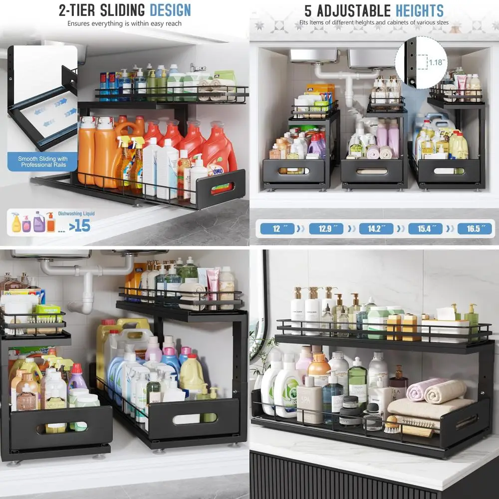 

Dual-Tier Pull-Out Cabinet Organizer with Soft-Close Rails for Kitchen and Bathroom Storage, Black