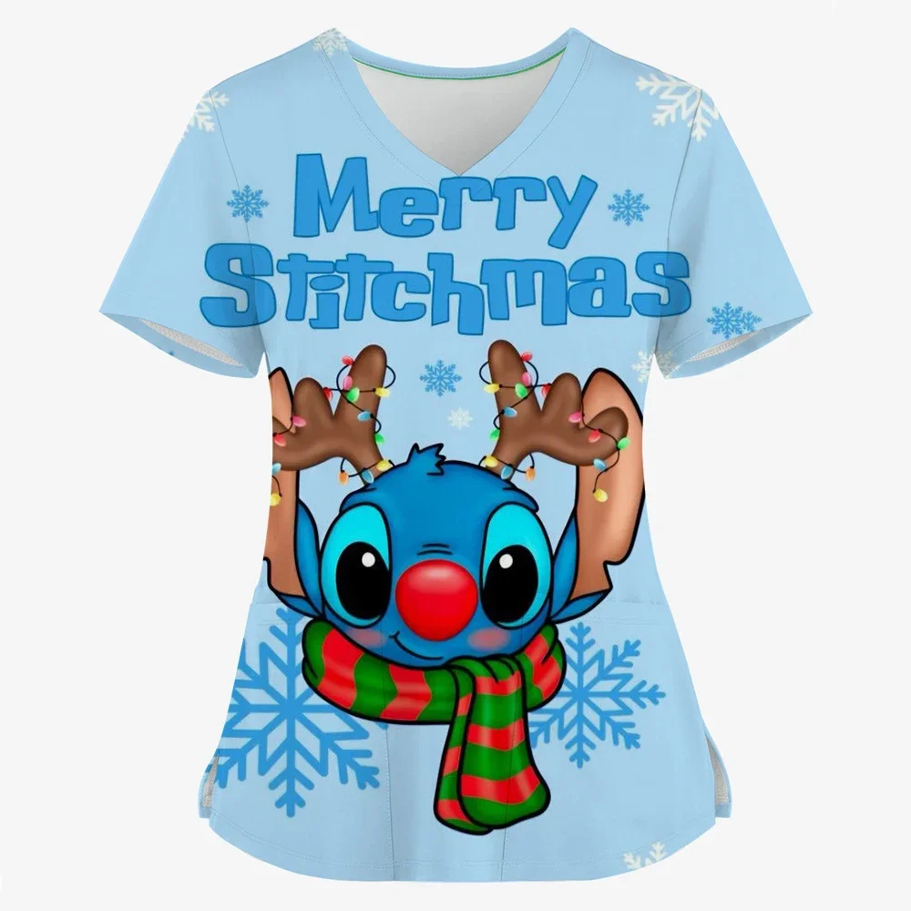 

Christmas Lilo&Stitch Women's High Quality Printed Matte Uniform, Pocket Medical Matte Top