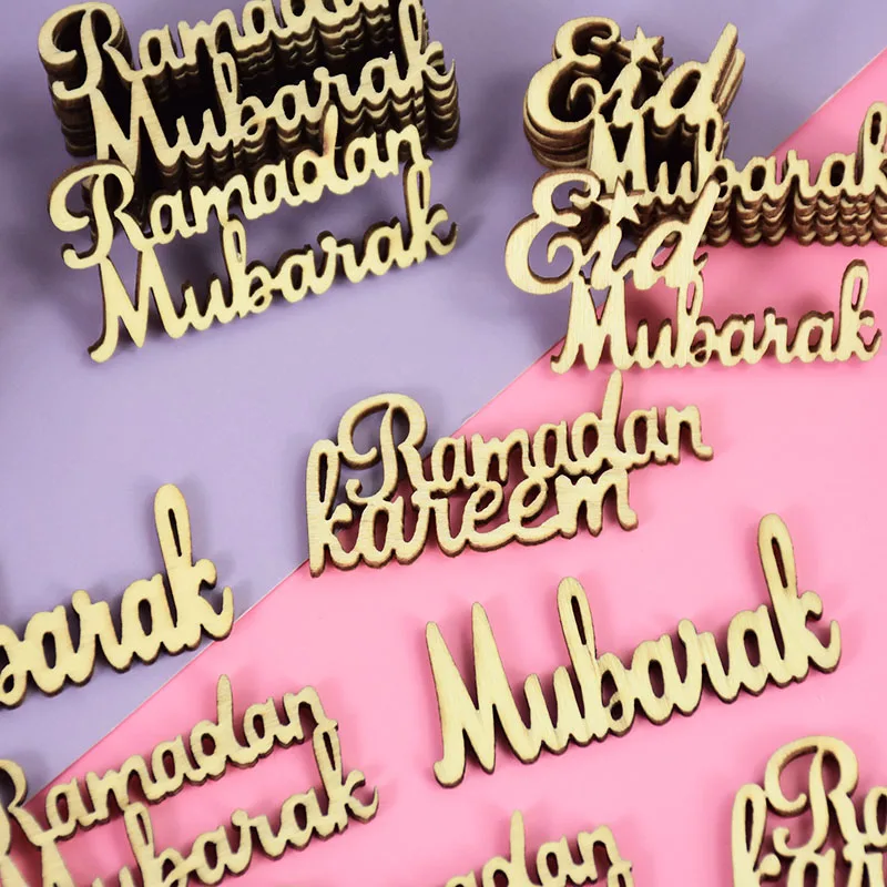 30Pcs Wooden Letter Eid Mubarak/Ramadan Kareem Wood Slices DIY Muslim Islamic Party Supplies Eid Al Adha Table Scatter Confetti