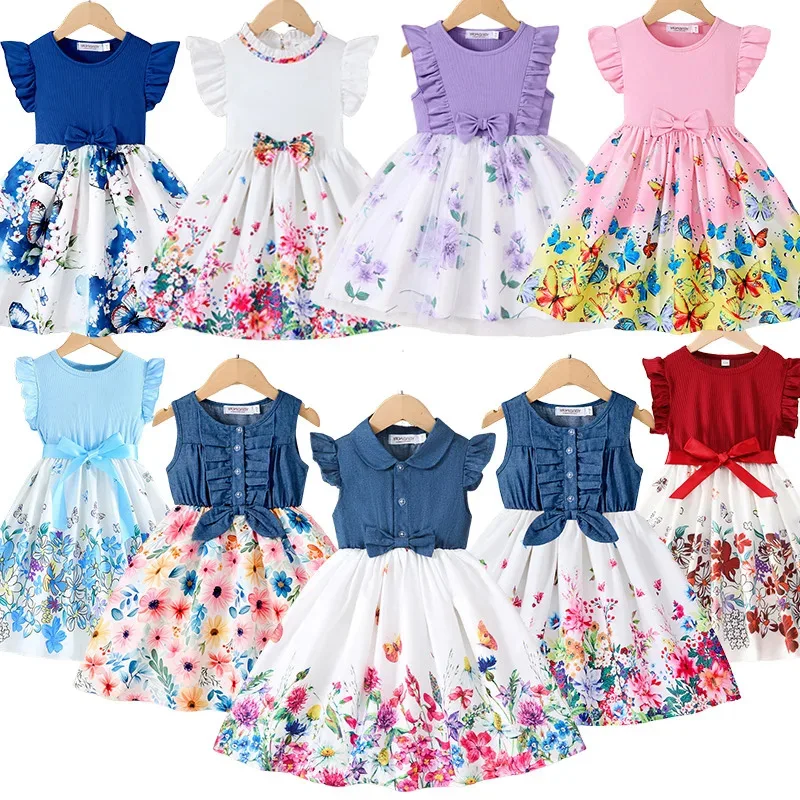 

XT82025 New Summer Korean Style Cute Printed Bow Casual Dress for Girls Birthday Party Baby Girl Clothes 2-10 YearsXT6@!