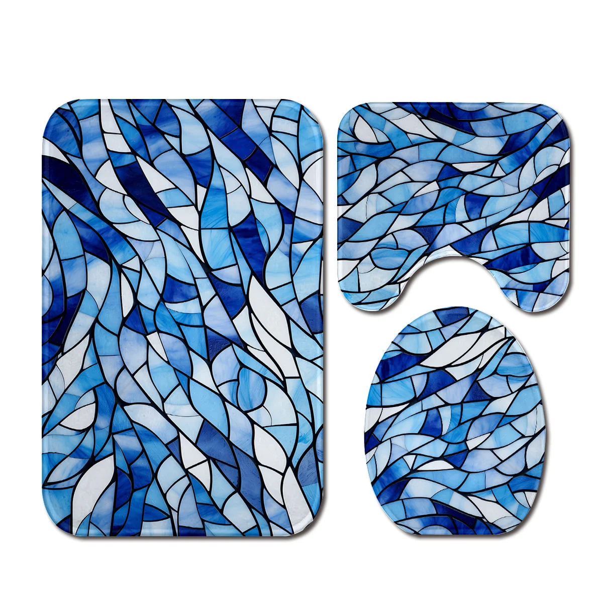 

3 упаковки, синий полиэфирный тканевый коврик с абстрактным принтом, можно стирать в машине, U-образный коврик, нескользящий коврик для сиденья для унитаза, украшение для ванной комнаты