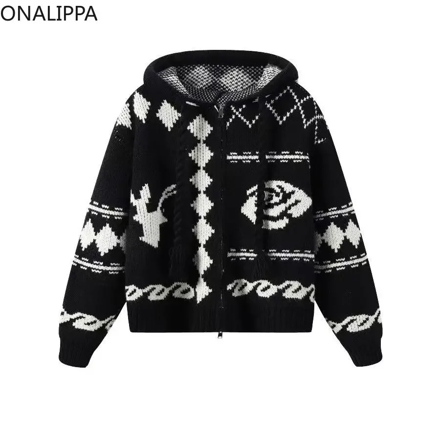 Onalippa Thick Needles Oversized Cardigan Zipper Contrast High Street Hooded Knitted Cardigans Korean Vintage Casual Hoodies