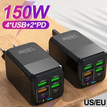 150W süper hızlı şarj çok limanlar cep telefonu şarj kafa 4 USB A 2 PD duvar şarj adaptörü IPhone 15 14 Samsung Xiaomi