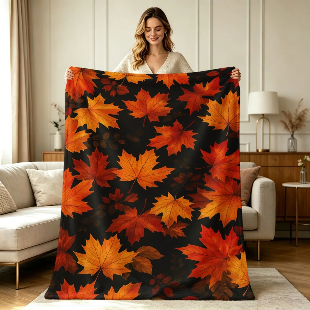 Autumn Season Maple Leaf Flannel Blanket, Warm Fall Foliage Art Throw for Living Room Bedroom & Warm Holiday Gift Picks