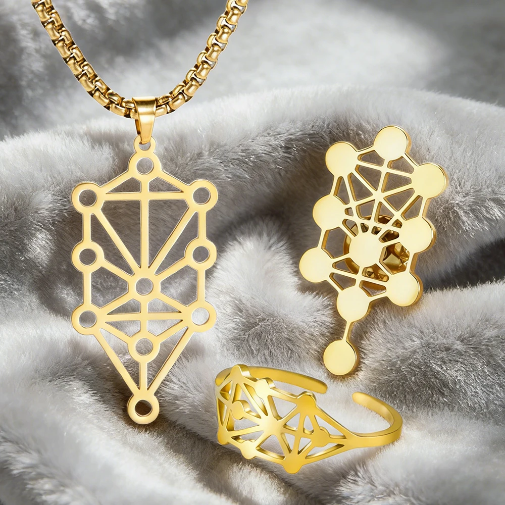 Dawapara Kabbalah Tree of Life Sephirot Necklace Sets Solomon Protection Amulet Necklace Ring Pin Stainless Steel Jewelry Set