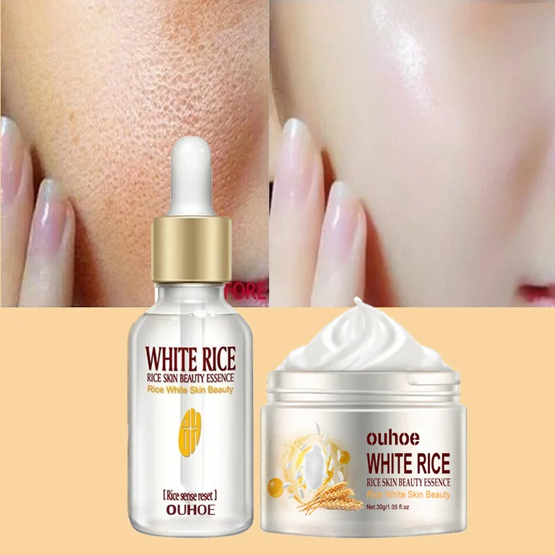 White Rice Whitening Face Serum Wrinkle Remove Fine Lines Cream Shrink Pores Fade Dull Melanin Moisturize Brighten Skin Care Set