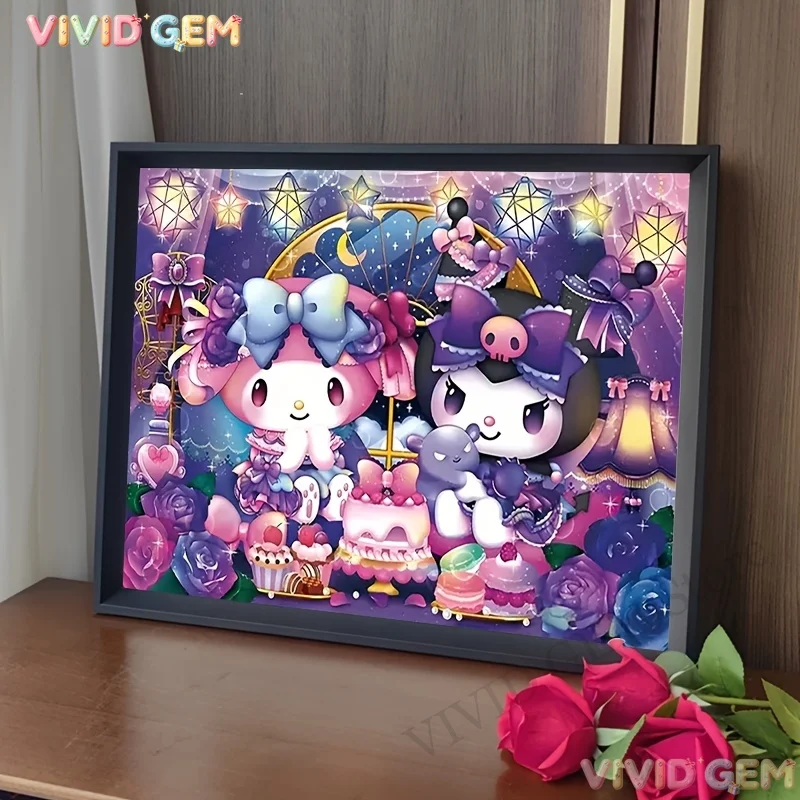 VIVID GEM 5D DIY Diamond Painting Kit Sanrio Kuromi My Melody Full Drill Purple Kawaii Handmade Cross Stitch Wall Art