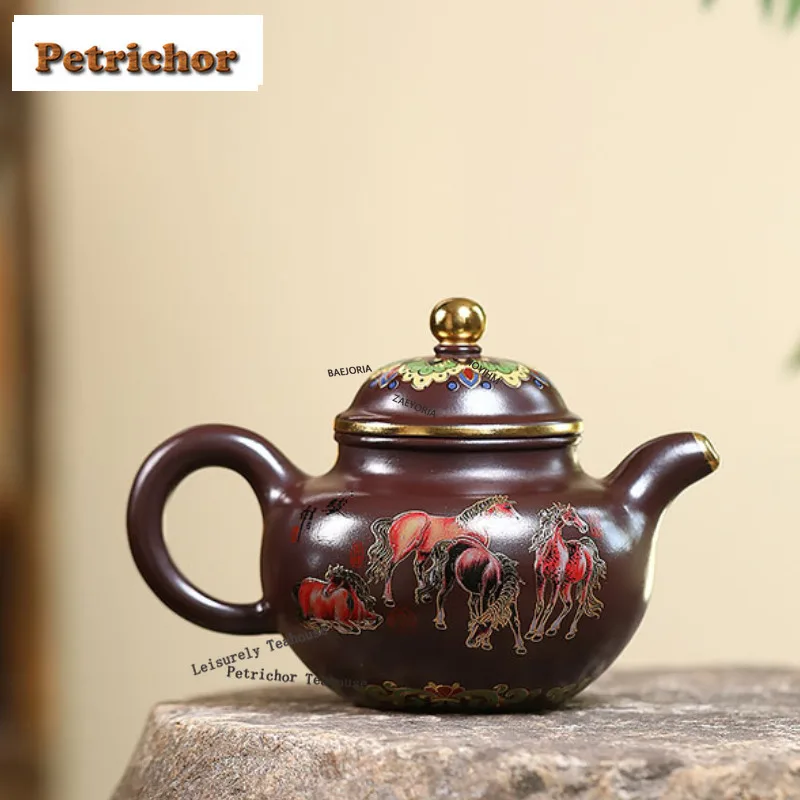 HOYIHM 300ml High-end Yixing Purple Clay Teapots Famous Handmade Colour Enamels Pot Raw Ore Purple Mud Kettle Zisha Tea Set