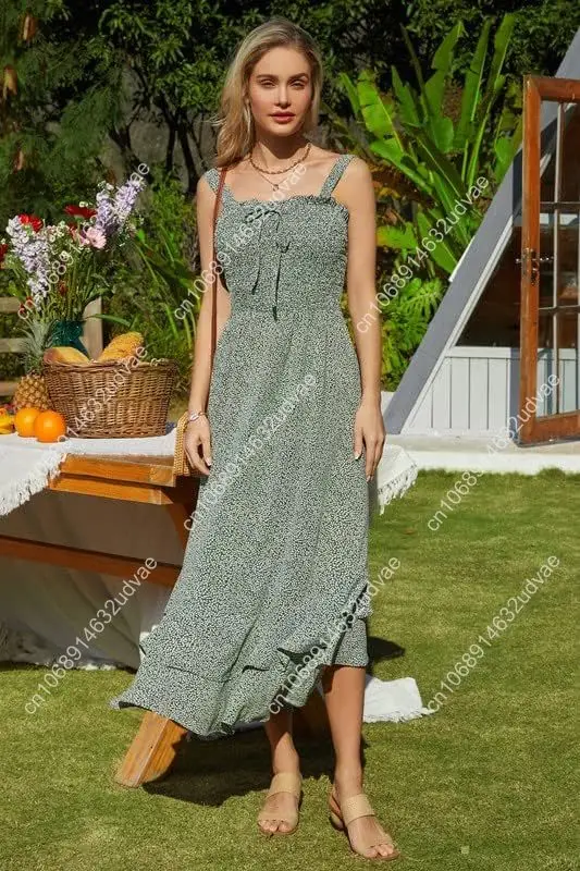 Women's 2025 Summer Floral Boho Dress Square Neck Strapped Swing A Line Sundress Beach Long Maxi Outfits
