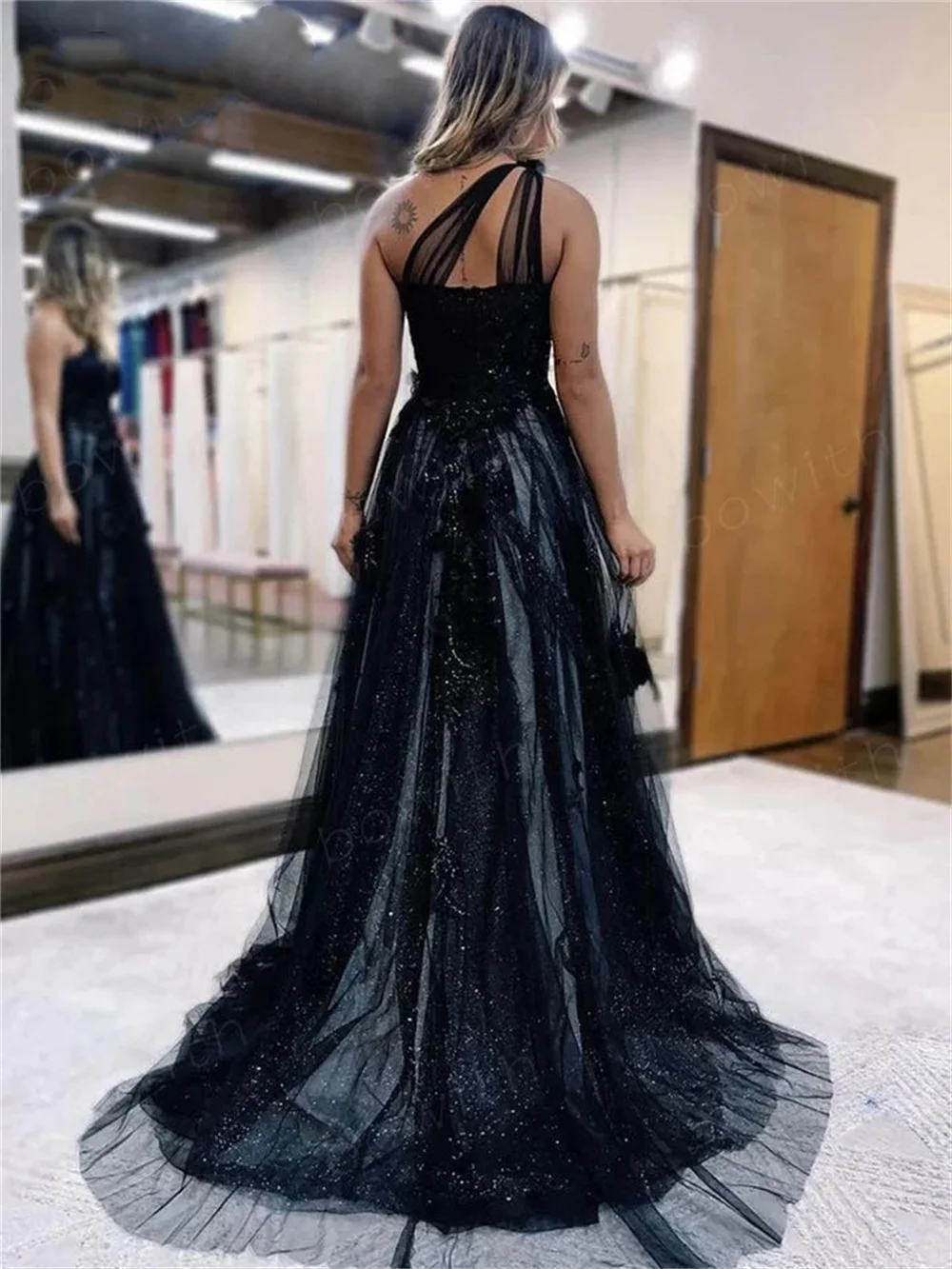 Annie Off-the-shoulder Tulle Prom Dressess Shiny Side Slits Cocktail Custom Evening Dress Navy Blue 2024 Vestidos De Noche