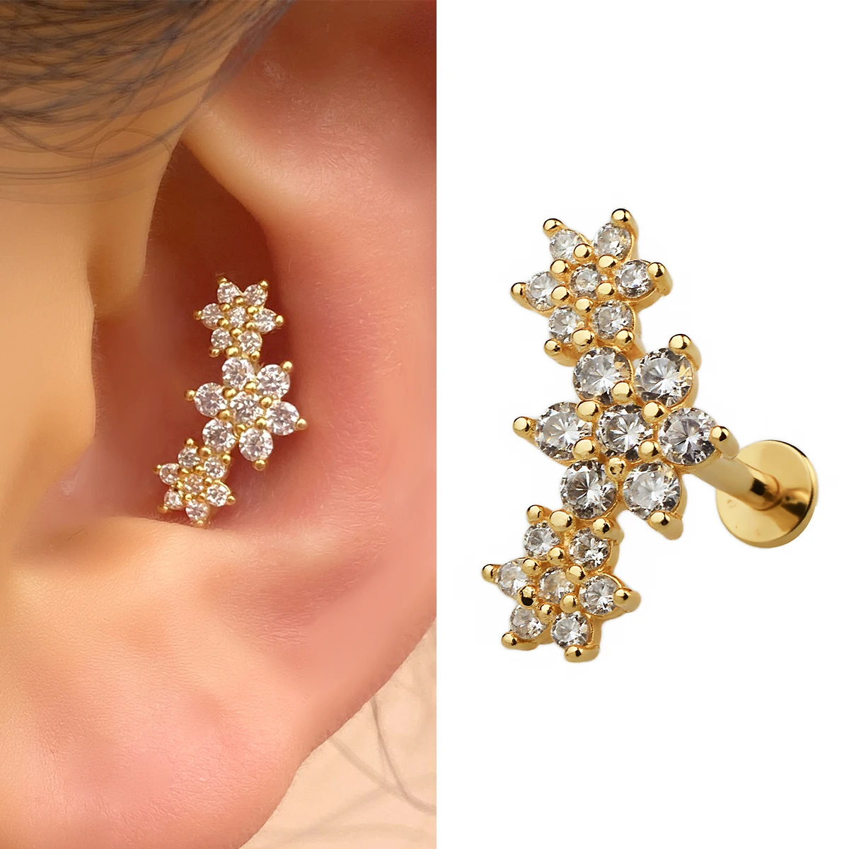 1PC Stainless Steel Flower Zircon Labret Flat Back Lobe Helix Tragus Cartilage Conch Earring Internal Thread Piercing Jewels 16G