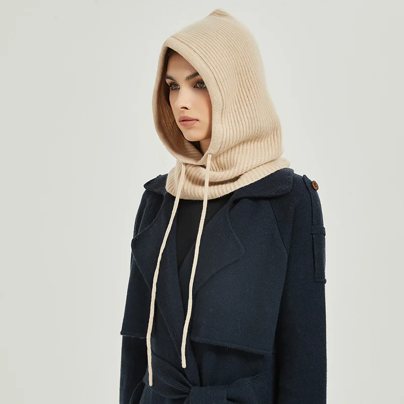 100%Wool Hooded Drawstring Balaclava Hat Women Winter Autumn Soft Warm Neck Scarf Fashion False Collar Wollen Beanies Cap Men