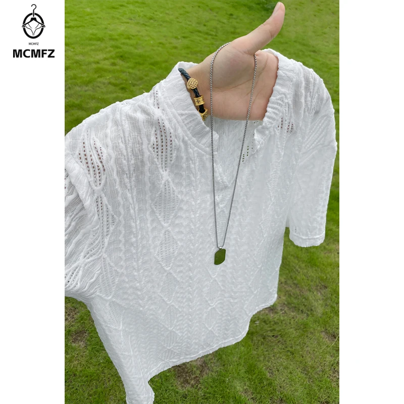Male Henley Collar Short Sleeve Blouse Hollow Jacquard Pattern Loose Relaxed Cut For Daily Commute And Leisure Time