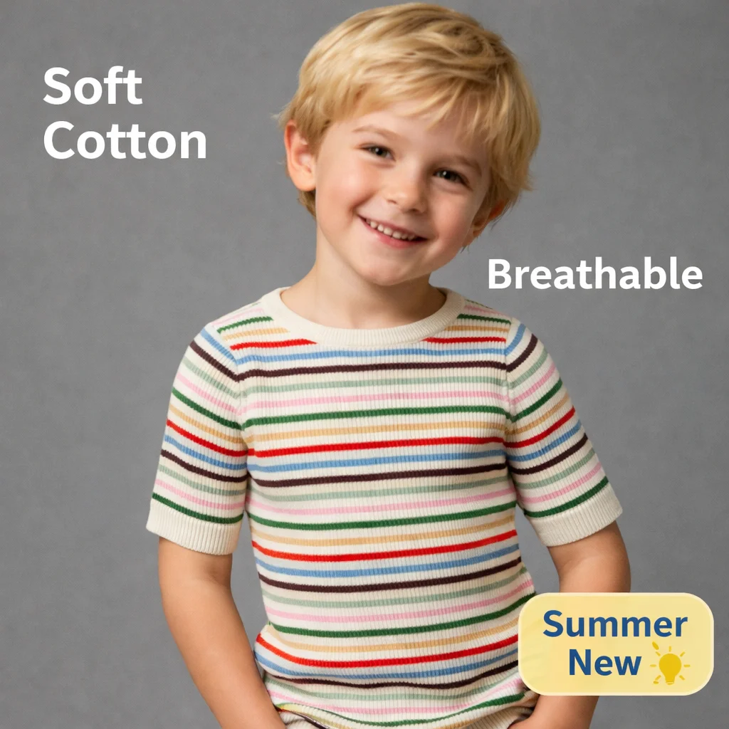 

Детская полосатая футболка, летние хлопковые топы с короткими рукавами, повседневная футболка в радужную полоску для мальчиков и девочек, базовая детская одежда