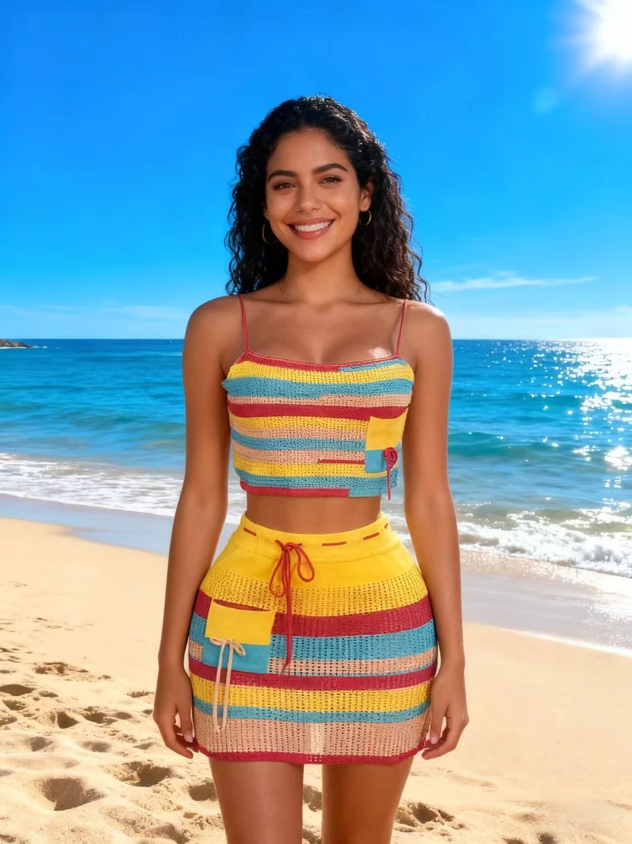 

Повседневный летний пляжный полосатый вязаный жилет и юбка, женский комплект из двух предметов Faion, круглый костюм Ne Svel, облегающий крой