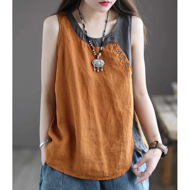 2024 Summer Women Vintage Contrast Color Patchwork Cotton Linen Tank Tops Y2K Casual O Neck Sleeveless Loose Vest Ropa De Mujer