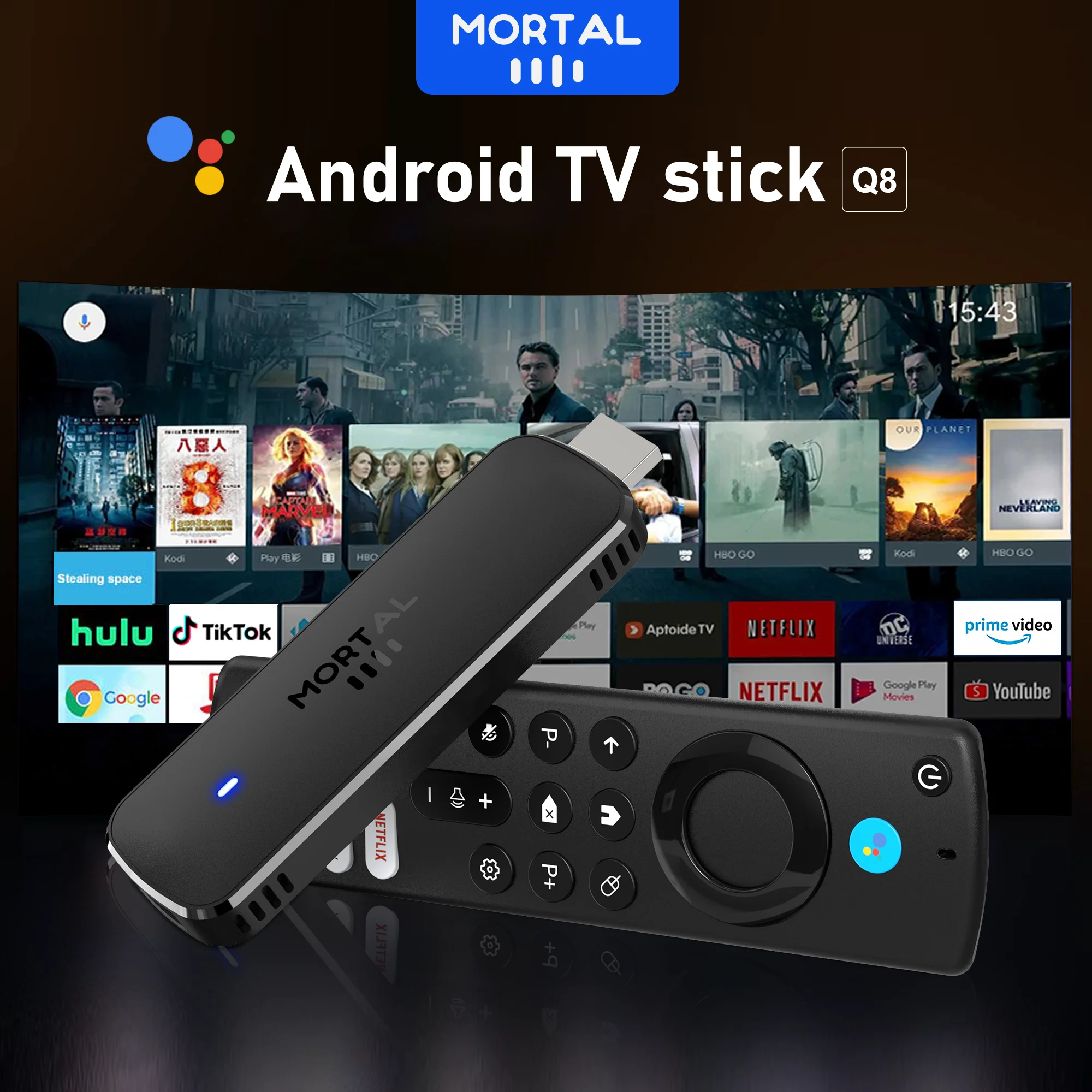 Mortal Android 14 TV Stick Full HD 4K 1080P WiFi 6 Google Voice NETFLIX Youtube Q8 BT5 24Fps Wireless Video Decode Media Player