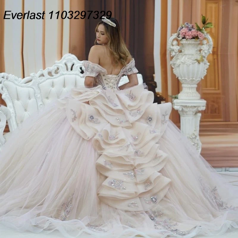 

EVLAST Shiny Quinceanera Dress Ball Gown Lace Applique Beading Crystals Corset Ruffles Sweet 16 Vestidos De XV 15 Anos TQD683