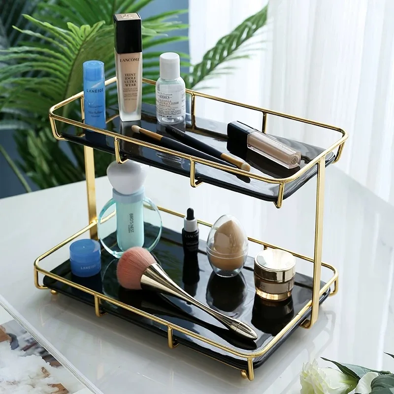 Bathroom Ceramic Glass Metal Storage Rack with 2 Layers Square Shape Storage Shelves