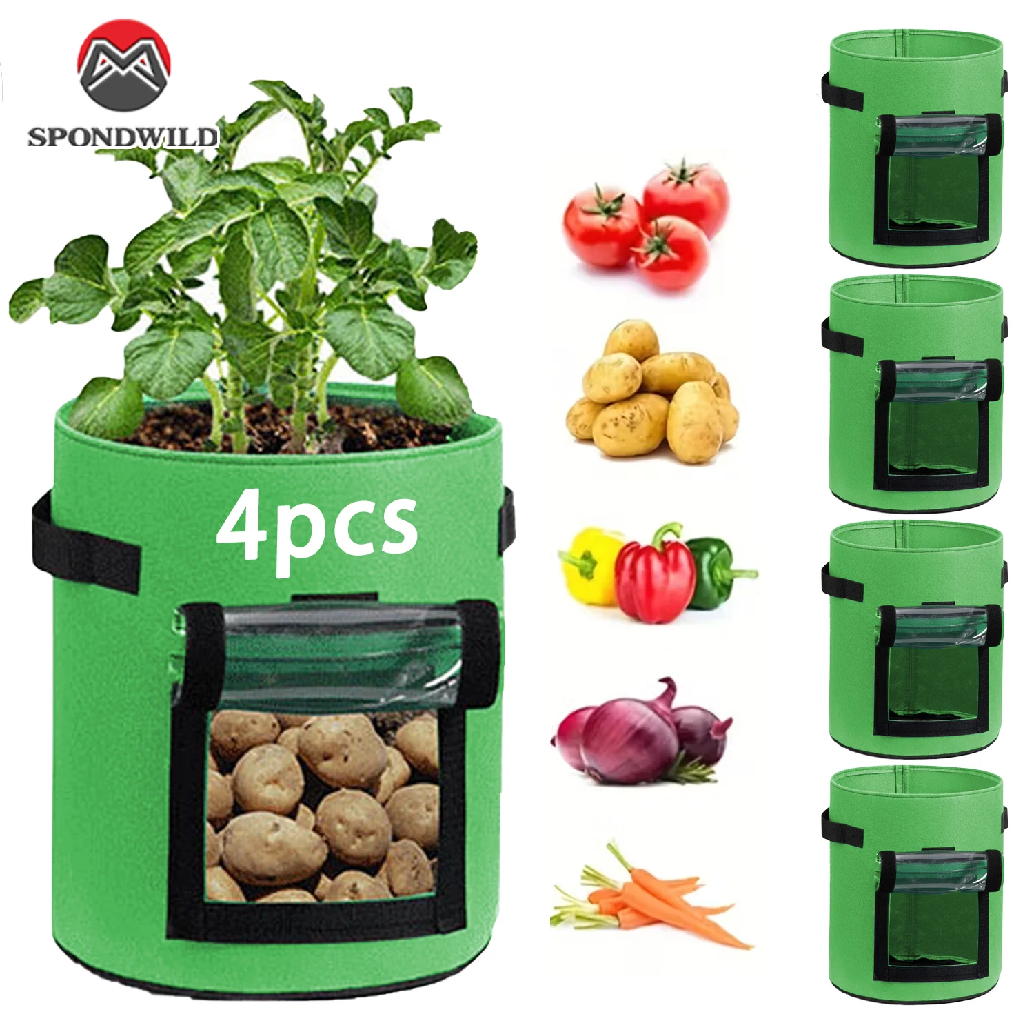 

4-Pack 10 Gallon Grow Bags, Green Non-Woven Pots with View Window, Breathable Planters for Vegetables & Flowers