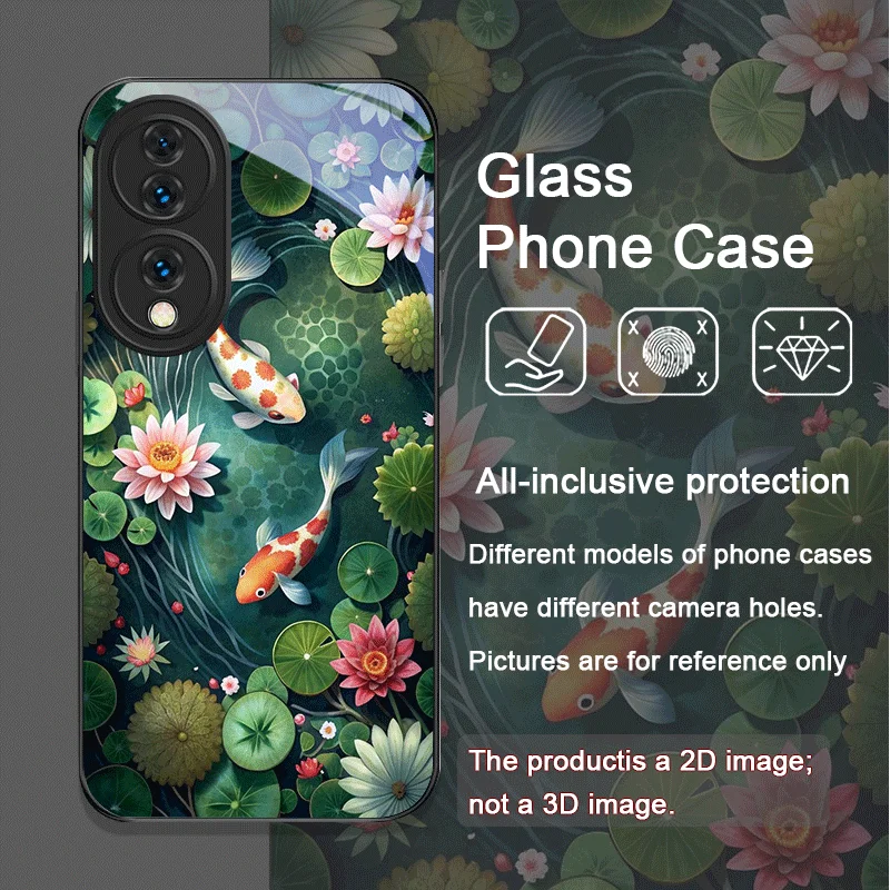 高級蓮の花鯉模様強化ガラス製スマホケース Huawei Honor 200 Lite 100 Pro 90 80 GT Magic 7 6 X8 X9対応