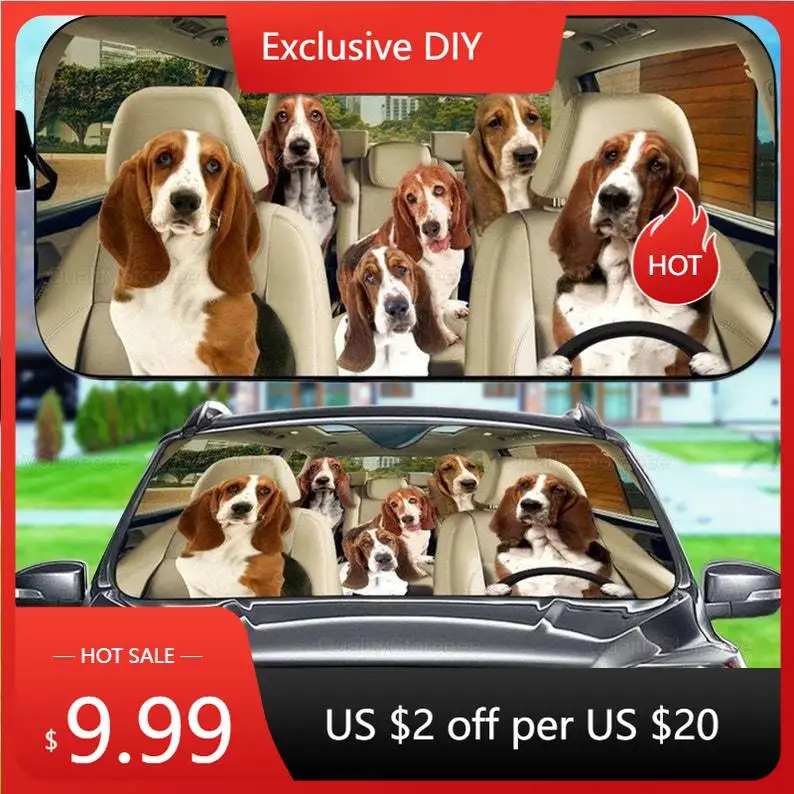 

Funny Basset Hound Car Sunshade, Dogs Family Sunshade, Dog Car Accessories, Car Decoration, Auto Sun Shade, Basset Sunshade LNG1