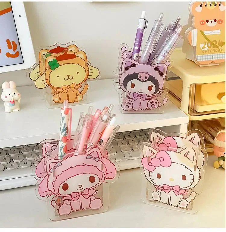 Sanrio Series Pen Holder Kuromi Melody Transparent Multifunctional Children's Desktop Large Capacity Stationery Storage Box