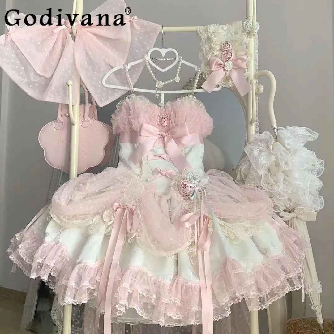 

Original Lolita Cos Pink Princess Dress Women's Sweet Bow Lace Elegant Heavy Industry Mesh Splicing Short Suspender Dress Summer