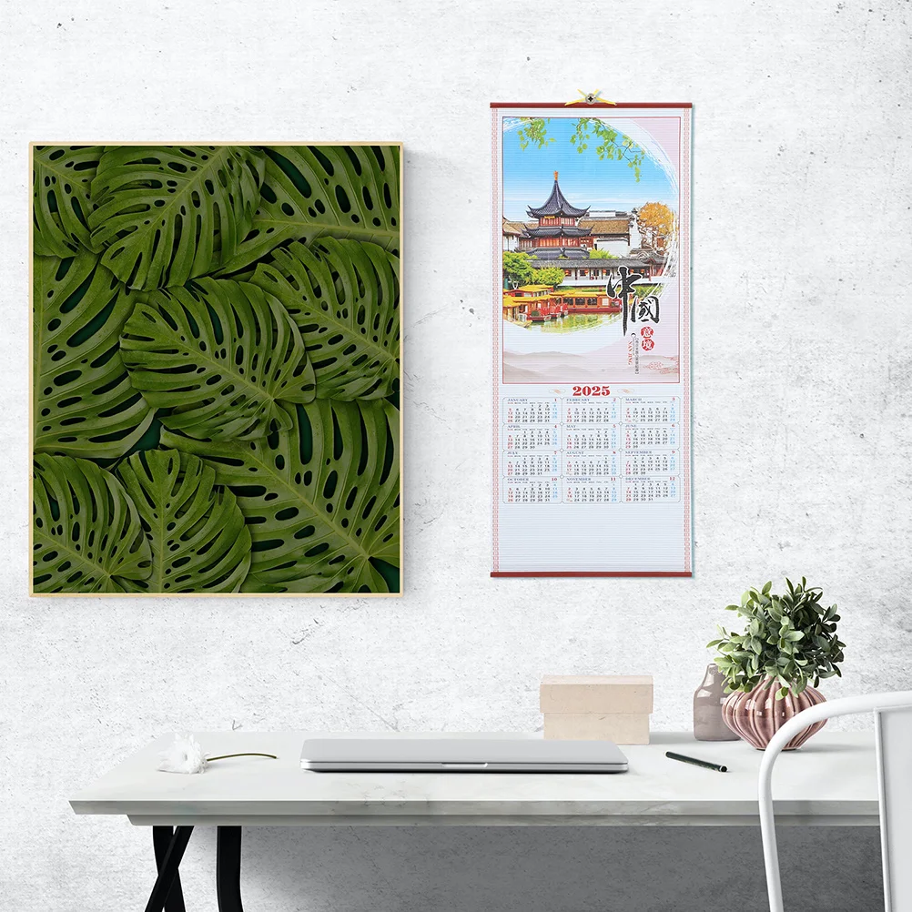 2Pcs Year of The Snake Imitation Rattan Wall Scroll Calendar 2025 Traditional Lunar Monthly Planner Spring Festival Home Office
