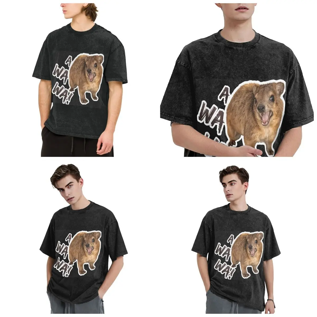 Awawa Angry Screaming Rock Hyrax Hip Hop Short Sleeve T-Shirts Washed Tops Tees Streetwear T Shirt Vintage for Men woman