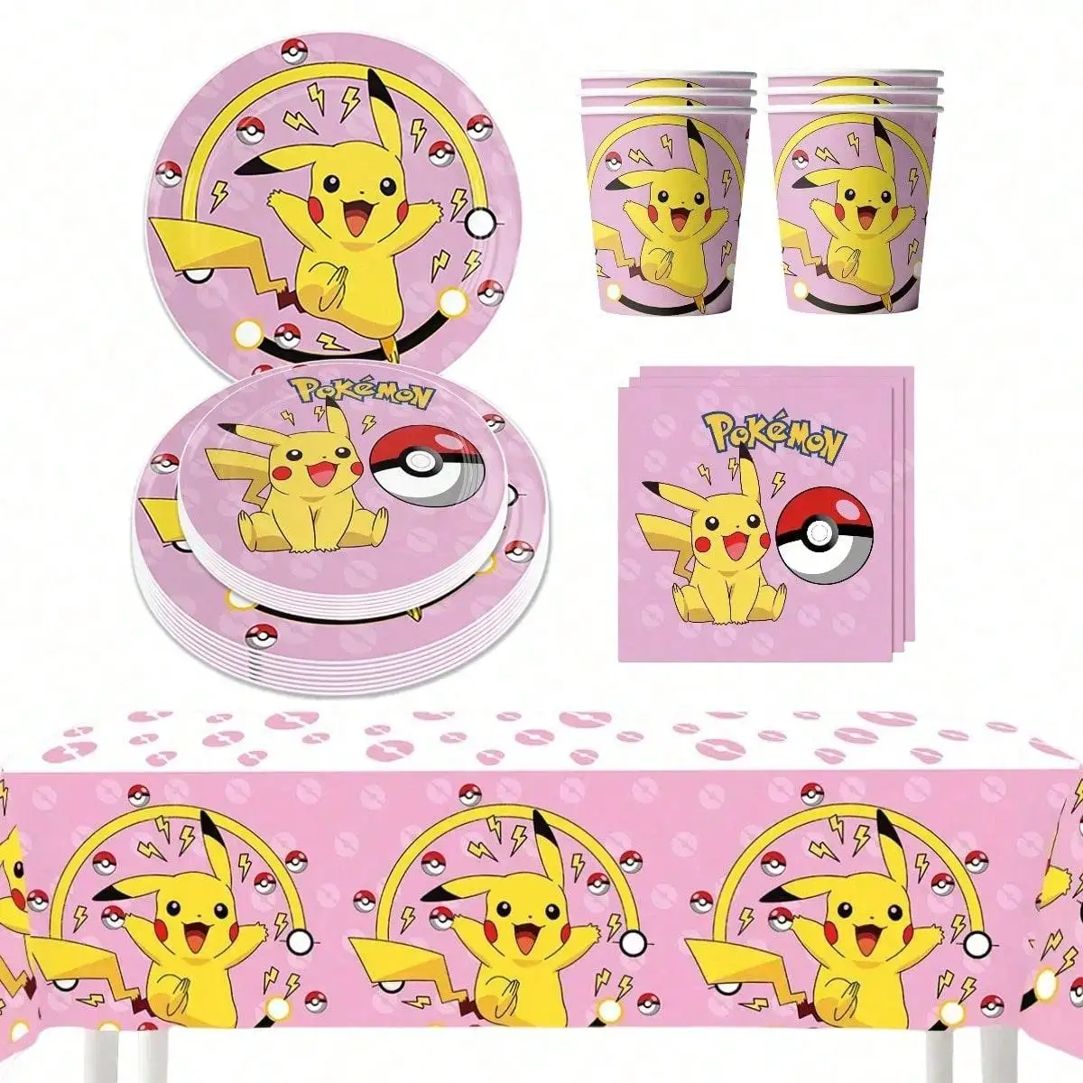 

Pokemon Pink Pikachu Birthday Party Decoration Supplies Tablecloth Banner Cartoon Anime Figure Disposable Tableware Supplies