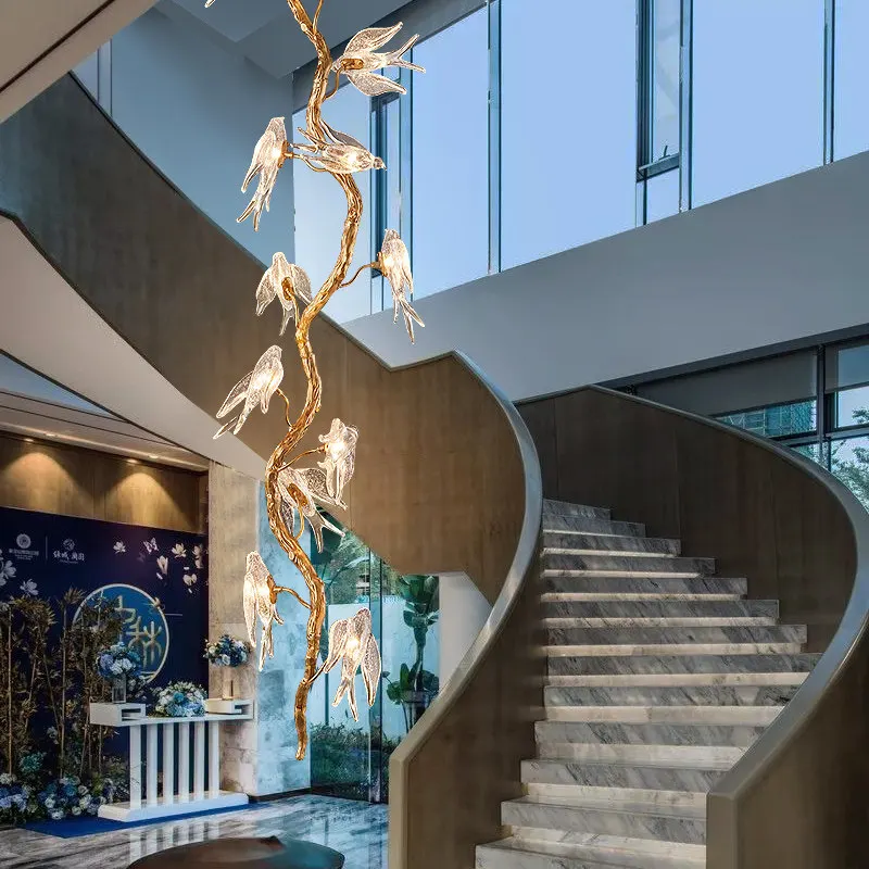 Bird wabi-sandy wind stair chandelier art duplex light luxury creative villa rotating living room