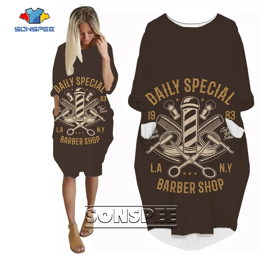 

SONSPEE Hot Sale Women's Best in Town Cut And Shave Graphic 3D Print Long Sleeve Skirt Lady Barber Harajuku Street Leisure Robe