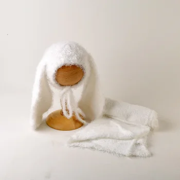 ヴィンテージニットストレッチファジーラップとバニーハットセット新生児写真プロップかぎ針編みモヘアラップボンネット写真撮影