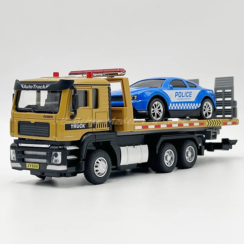 1:50 Diecast Truck Model Toy Flatbed Traffic Rescue Wrecker With Police Car Miniature Replic With Sound & Lights