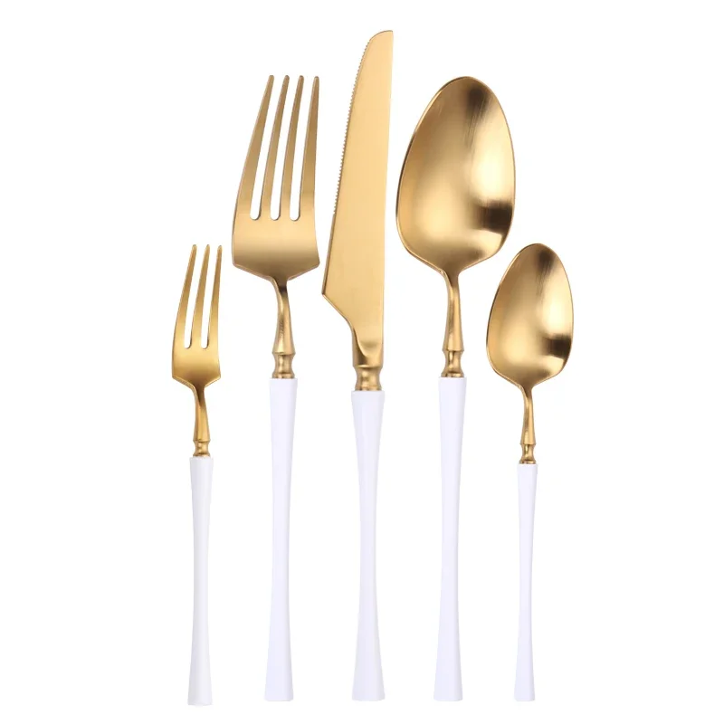 White Gold Cutlery Set 304 Stainless Steel Cutlery Dinnerware Set Matte Spoon Fork Knife Tea Fork Western Tableware Set 5 pieces
