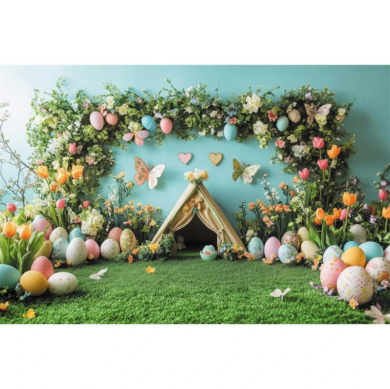 Spring Easter Background Grass Tent Indoor Window Flower Rabbit Eggs Family Festival Decor Photography Background Studio Props