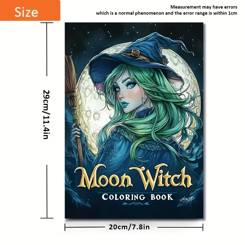 Livre de coloriage Moon Witch : Sorcière aux cheveux verts magiques, balai, nuit de pleine lune, fantaisie, art sombre, anti-stress, cadeau pour adultes