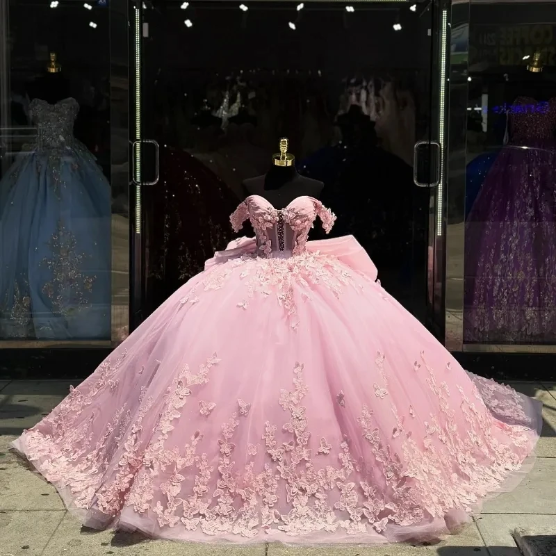 ANGELSBRIDEP luksusowe różowe sukienki na quinceanera z kokardką koronka z koralikami Off-Shoulder Vestidos De 15 Anos urodziny dostosowane