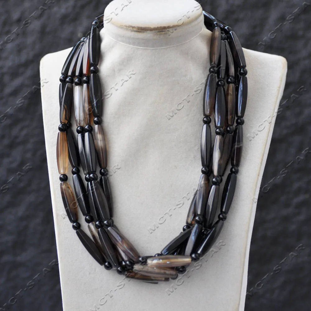 MTCSTAR 5Row 20'' 30mm Natural Brown Black Round Cylinder Faceted Agate Necklace (Z14584)