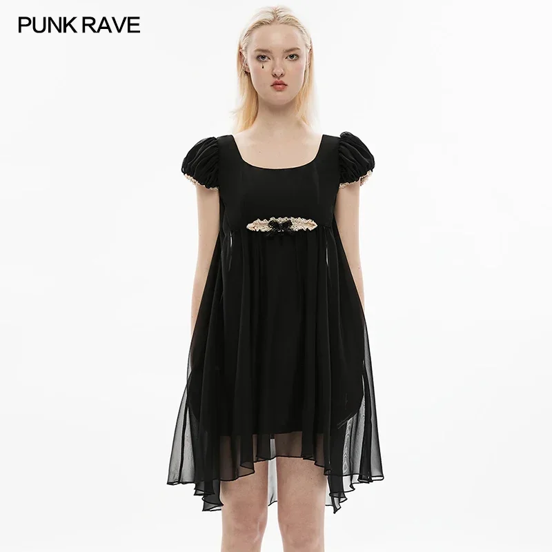 

PUNK RAVE Women's Square Neck Pumpkin Sleeve Clear and Elegant Dress Pleated To Enlarge Hem Black Loose Dresses Summer