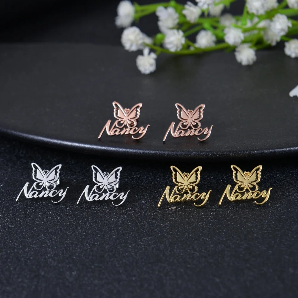 

LeeChee Hollow Butterfly Girl's Gift Custom Name Stainless Steel Earstuds Jewelry Birthday Gift