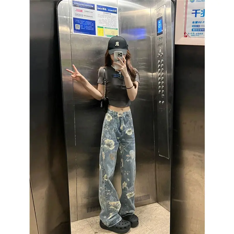 Women Large Size Retro Floral Wide Leg Jeans with High Waist Design Niche Printed Loose Straight Floor Mopping Pants