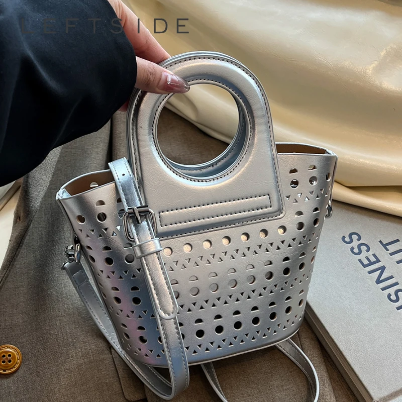 

LEFTSIDE 2025 Summer New In Mini PU Leather Hollow out Handbags and Purses Women's Crossbody Bag Short Handle Shoulder Bags