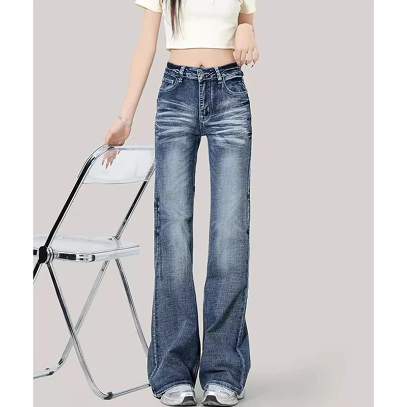 Women Retro Designer Straight Leg Flared Jeans Girls High Waist Blue Denim Pants Lady Korean Casual Fashion Solid Trousers